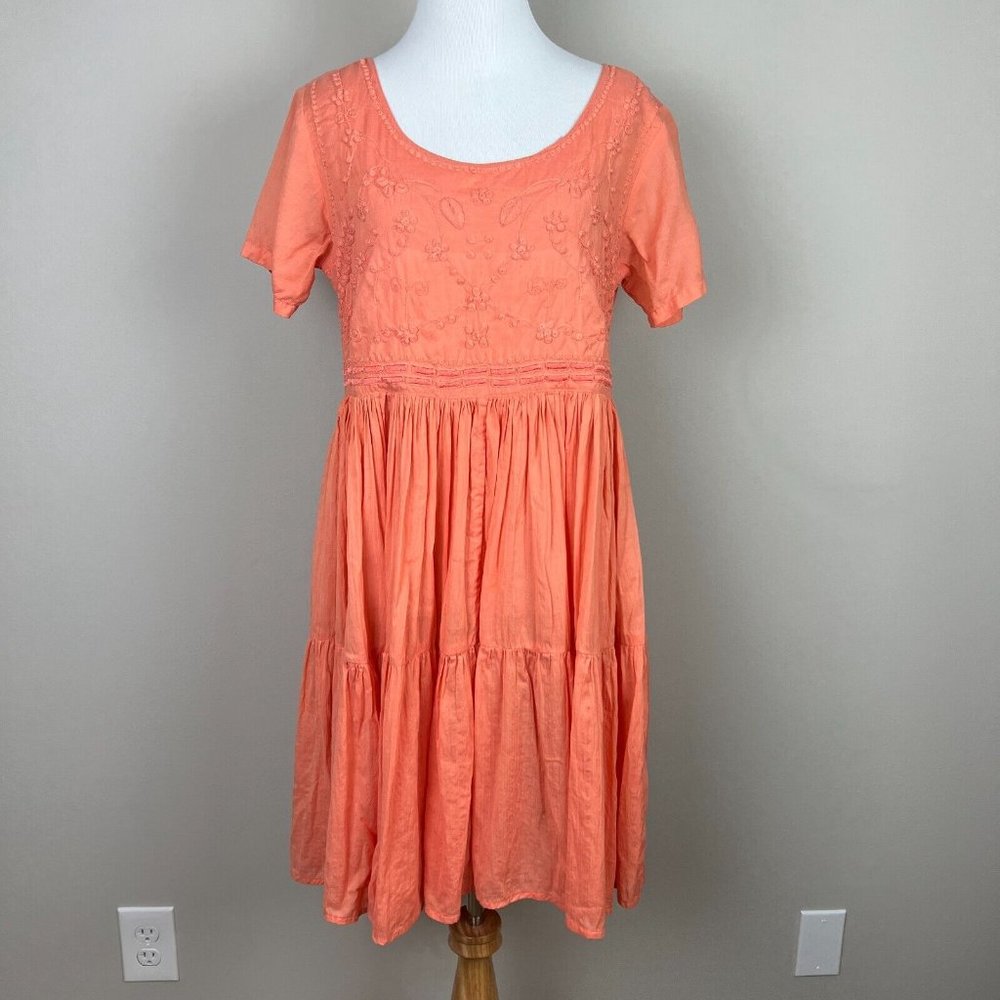 Fads‎ Dress Medium Orange Crinkle Embroidered Short Sleeve A-Line Mini Summer